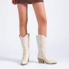 image:imageRuiee Mid Calf Boots for Women Flat Casual Round Toe Fashion Calf High Boot Buckle Dressy Fall and Winter Low Heeled Womens BootsWhite Pu 977