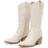 image:imageRuiee Mid Calf Boots for Women Flat Casual Round Toe Fashion Calf High Boot Buckle Dressy Fall and Winter Low Heeled Womens BootsWhite Pu 977