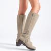 image:imageRuiee Knee High Boots for Women Chunky Heel Casual Comfort Pointed Toe Boot Womens Fashion Fall Winter KneeHigh BootsBeige Pu 304