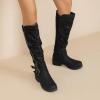 image:imageRuiee Knee High Boots for Women Comfort Low Heeled Tall Long Boot Round Toe Fall Winter Flat Riding Combat Womens BootsBlack Pu 005