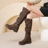 image:imageRuiee Knee High Boots for Women Comfort Low Heeled Tall Long Boot Round Toe Fall Winter Flat Riding Combat Womens BootsBrown Pu 005