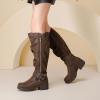 image:imageRuiee Knee High Boots for Women Comfort Low Heeled Tall Long Boot Round Toe Fall Winter Flat Riding Combat Womens BootsBrown Pu 005