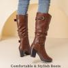 image:imageRuiee Knee High Boots for Women Slouchy Chunky Heel Long Boots Pointed Toe Comfort and Fashion Fall Winter Woman BootBrown Lpu 301