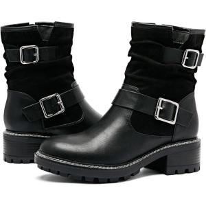 image:imageRuiee Ankle Boots for Women Combat Boots Low Heel Short Booties Round Toe Side Zipper Womens BootsBlack Bmf 303