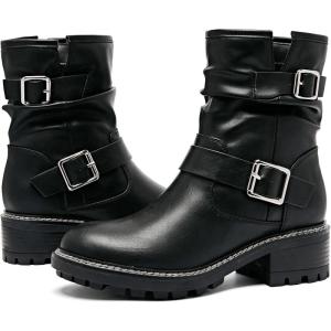 image:imageRuiee Ankle Boots for Women Combat Boots Low Heel Short Booties Round Toe Side Zipper Womens BootsBlack Pu 303