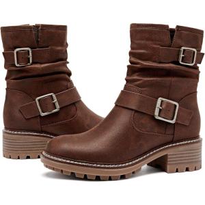 image:imageRuiee Ankle Boots for Women Combat Boots Low Heel Short Booties Round Toe Side Zipper Womens BootsBrown Bmf 303