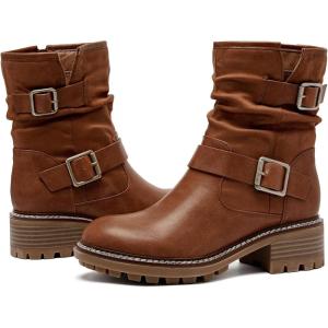 image:imageRuiee Ankle Boots for Women Combat Boots Low Heel Short Booties Round Toe Side Zipper Womens BootsBrown Pu 303