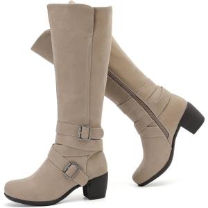 image:imageRuiee Knee High Boots for Women Chunky Heel Casual Comfort Pointed Toe Boot Womens Fashion Fall Winter KneeHigh BootsBeige Pu 304
