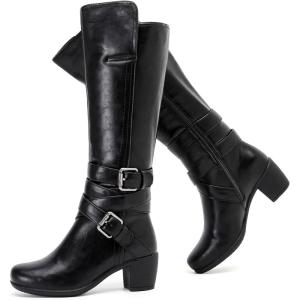 image:imageRuiee Knee High Boots for Women Chunky Heel Casual Comfort Pointed Toe Boot Womens Fashion Fall Winter KneeHigh BootsBlack Lpu 303