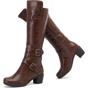 image:imageRuiee Knee High Boots for Women Chunky Heel Casual Comfort Pointed Toe Boot Womens Fashion Fall Winter KneeHigh BootsBrown Lpu 303