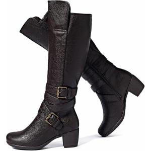 image:imageRuiee Knee High Boots for Women Chunky Heel Casual Comfort Pointed Toe Boot Womens Fashion Fall Winter KneeHigh BootsBrown Pu 303