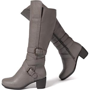 image:imageRuiee Knee High Boots for Women Chunky Heel Casual Comfort Pointed Toe Boot Womens Fashion Fall Winter KneeHigh BootsTaupe Pu 303