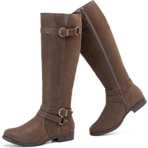 image:imageRuiee Knee High Boots for Women Classic Comfort Riding Combat Boot Round Toe Side Zipper Long Tall Fall Winter Womens BootsBrown Pu 305