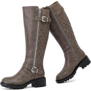 image:imageRuiee Knee High Boots for Women Classic Comfort Riding Combat Boot Round Toe Side Zipper Long Tall Fall Winter Womens BootsGray Pu 267