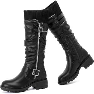 image:imageRuiee Knee High Boots for Women Comfort Low Heeled Tall Long Boot Round Toe Fall Winter Flat Riding Combat Womens BootsBlack Lpu 964 New