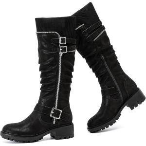 image:imageRuiee Knee High Boots for Women Comfort Low Heeled Tall Long Boot Round Toe Fall Winter Flat Riding Combat Womens BootsBlack Zpu 964 New