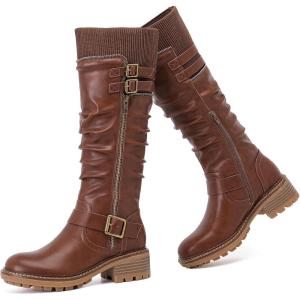 image:imageRuiee Knee High Boots for Women Comfort Low Heeled Tall Long Boot Round Toe Fall Winter Flat Riding Combat Womens BootsBrown Lpu 964 New