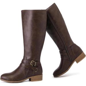 image:imageRuiee Knee High Boots for Women Comfort Low Heeled Tall Long Boot Round Toe Fall Winter Flat Riding Combat Womens BootsBrown Pu 113