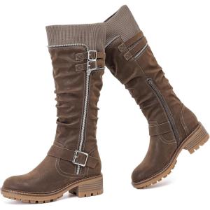 image:imageRuiee Knee High Boots for Women Comfort Low Heeled Tall Long Boot Round Toe Fall Winter Flat Riding Combat Womens BootsBrown Zpu 964 New