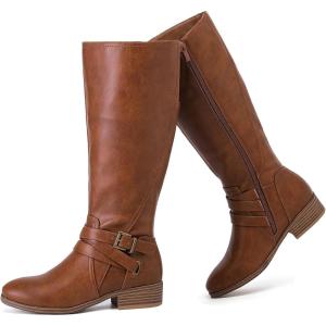 image:imageRuiee Knee High Boots for Women Comfort Low Heeled Tall Long Boot Round Toe Fall Winter Flat Riding Combat Womens BootsTan Pu 113