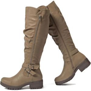 image:imageRuiee Knee High Boots for Women Comfort Low Heeled Tall Long Boot Round Toe Fall Winter Flat Riding Combat Womens BootsTaupe Pu 005