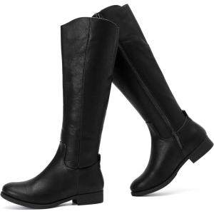 image:imageRuiee Knee High Boots for Women Comfort Stylish Casual Round Toe Tall Riding Combat Boot Classic Fashion Fall Winter KneeHigh Flat BootsBlack Pu 909