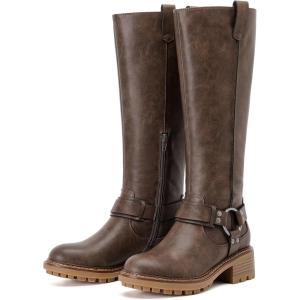 image:imageRuiee Knee High Boots for Women Comfort Stylish Casual Round Toe Tall Riding Combat Boot Classic Fashion Fall Winter KneeHigh Flat BootsBrown Pu 972