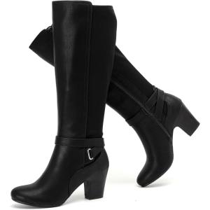image:imageRuiee Knee High Boots for Women Slouchy Chunky Heel Long Boots Pointed Toe Comfort and Fashion Fall Winter Woman BootBlack Pu 312