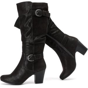 image:imageRuiee Knee High Boots for Women Slouchy Chunky Heel Long Boots Pointed Toe Comfort and Fashion Fall Winter Woman BootBlack Zpu 301