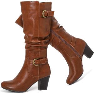 image:imageRuiee Knee High Boots for Women Slouchy Chunky Heel Long Boots Pointed Toe Comfort and Fashion Fall Winter Woman BootBrown Lpu 301