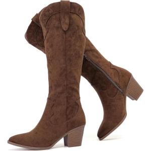 image:imageRuiee Knee High Boots for Women Slouchy Chunky Heel Long Boots Pointed Toe Comfort and Fashion Fall Winter Woman BootBrown Mf 971