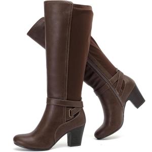 image:imageRuiee Knee High Boots for Women Slouchy Chunky Heel Long Boots Pointed Toe Comfort and Fashion Fall Winter Woman BootBrown Pu 312