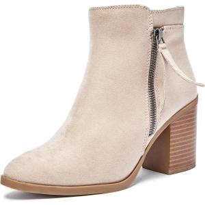 image:imageRuiee Womens Ankle Boots Low Chunky Heeled Booties Casual Comfortable Fall Winter Pointed Closed Toe Short Boots for WomenBeige Mf 978