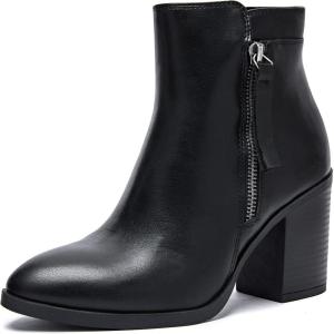 image:imageRuiee Womens Ankle Boots Low Chunky Heeled Booties Casual Comfortable Fall Winter Pointed Closed Toe Short Boots for WomenBlack Pu 978