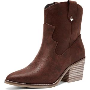 image:imageRuiee Womens Ankle Boots Low Chunky Heeled Booties Casual Comfortable Fall Winter Pointed Closed Toe Short Boots for WomenBrown Bmf 976