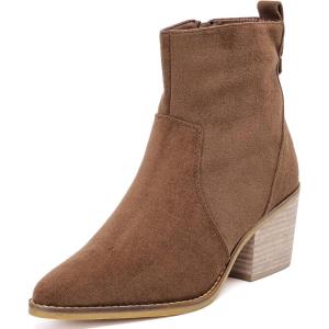 image:imageRuiee Womens Ankle Boots Low Chunky Heeled Booties Casual Comfortable Fall Winter Pointed Closed Toe Short Boots for WomenBrown Mf 970