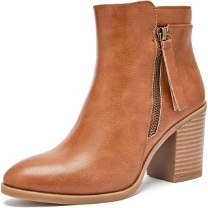 image:imageRuiee Womens Ankle Boots Low Chunky Heeled Booties Casual Comfortable Fall Winter Pointed Closed Toe Short Boots for WomenBrown Pu 978