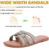 image:imageWide Width Sandals for Women Fashion Slide Sandal Diamond Sparkly Bling Casual Dressy Flat Slides Comfort Bride Wedding Summer Slip on Wide Feet Womens SandalsGold Pu 776