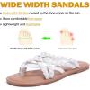 image:imageWide Width Sandals for Women Summer Flip Flops Flat Slide Sandals Casual Braided Wide Feet Slides Comfort Slip on Thong Womens SandalWhite Pu 8009