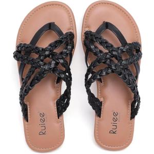image:imageWide Width Sandals for Women Summer Flip Flops Flat Slide Sandals Casual Braided Wide Feet Slides Comfort Slip on Thong Womens SandalBlack Pu 8009