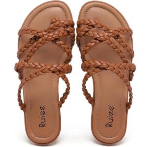 image:imageWide Width Sandals for Women Summer Flip Flops Flat Slide Sandals Casual Braided Wide Feet Slides Comfort Slip on Thong Womens SandalBrown Pu 780