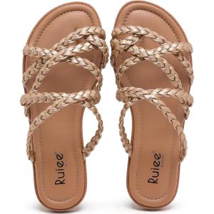 image:imageWide Width Sandals for Women Summer Flip Flops Flat Slide Sandals Casual Braided Wide Feet Slides Comfort Slip on Thong Womens SandalGold Pu 780