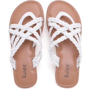 image:imageWide Width Sandals for Women Summer Flip Flops Flat Slide Sandals Casual Braided Wide Feet Slides Comfort Slip on Thong Womens SandalWhite Pu 8009