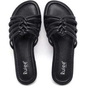 image:imageWide Width Sandals for Women Summer Slide Sandals Casual Wide Feet Slides Comfort Strap Slip on Sandals Open Toe Beach Womens SandalBlack Pu 8006
