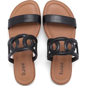 image:imageWide Width Sandals for Women Summer Slide Sandals Casual Wide Feet Slides Comfort Strap Slip on Sandals Open Toe Beach Womens SandalBlack Pu 8007