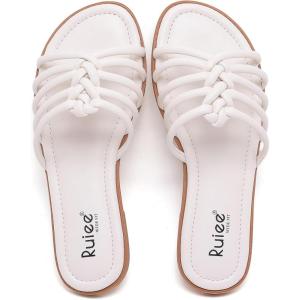 image:imageWide Width Sandals for Women Summer Slide Sandals Casual Wide Feet Slides Comfort Strap Slip on Sandals Open Toe Beach Womens SandalWhite Pu 8006