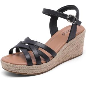 image:imageWide Width Wedge Sandals for Women Ankle Strap Open Toe Casual Summer Shoes Platform Espadrille Wedge Dressy Womens SandalsBlack 509