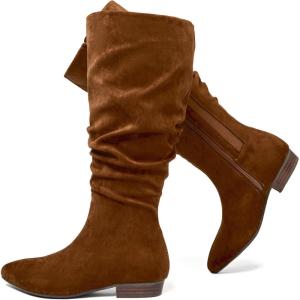image:imageWomens Extra Wide Calf Knee High Boots True Wide Width Long Slouchy Boots for Ladies Low Flat Heel Casual Combat Tall Boots for WomenBrown Mf 368