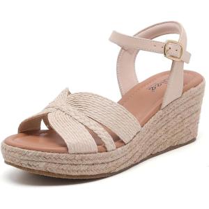 image:imageWide Width Wedge Sandals for Women Ankle Strap Cute Bowknot Open Toe Summer Shoes Platform Espadrille Wedge Dressy Women SandalsNude 8011
