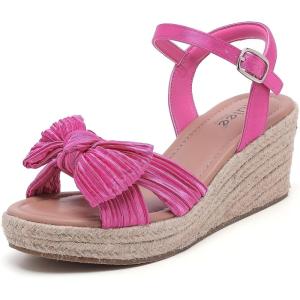 image:imageWide Width Wedge Sandals for Women Ankle Strap Cute Bowknot Open Toe Summer Shoes Platform Espadrille Wedge Dressy Women SandalsPink 9001